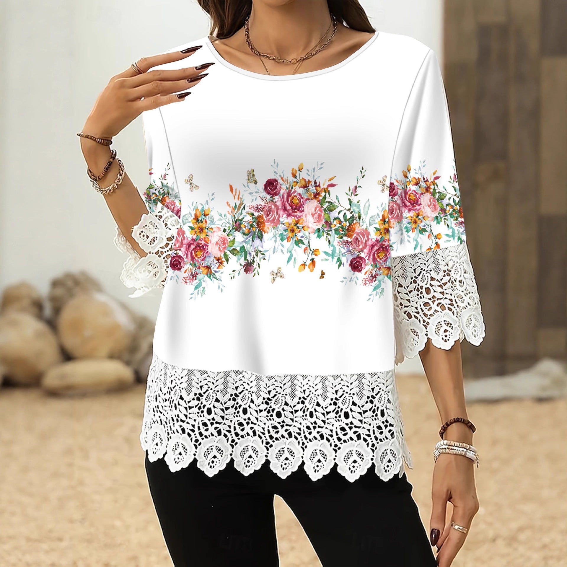 Lace-printed Three-quarter-sleeve T-shirt Top For Women 