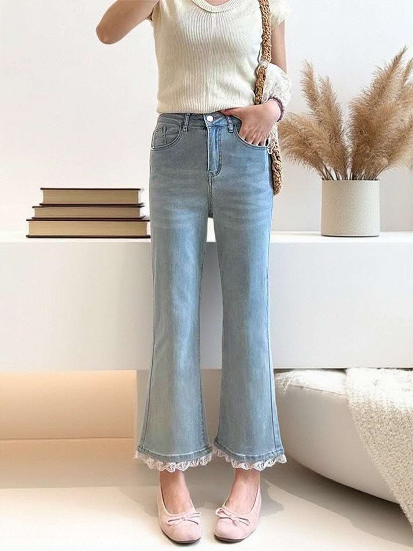 Light Blue Micro-Flare Lace Stretch Jeans for Women CJ US