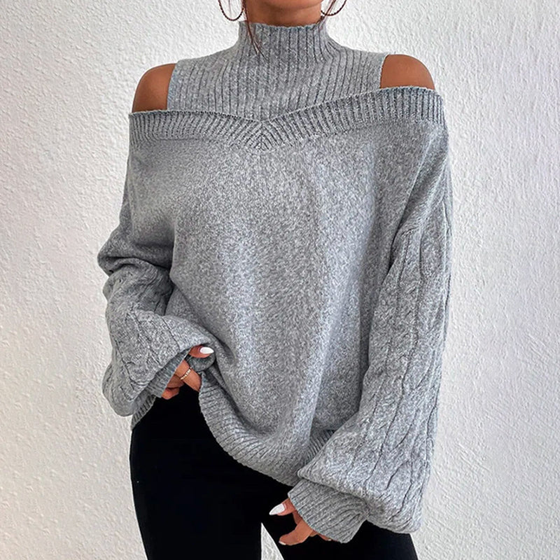 Women's Cold Shoulder Sweater - Sexy High Neck Cut Out Pullover Long Sleeve Top 