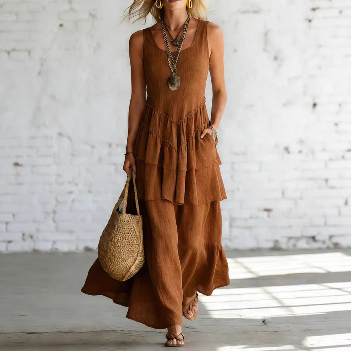 Cotton-linen Loose-fit Maxi Dress With A Sleeveless Design 