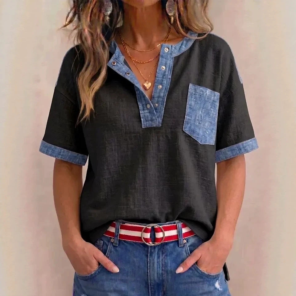 Women's Casual Loose-Fitting Patchwork Short-Sleeve Top 
