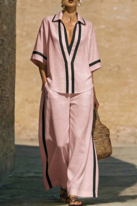 Fashionable Loose Casual Color-Block Short-Sleeve Shirt And Wide-Leg Pants Two-Piece Set 