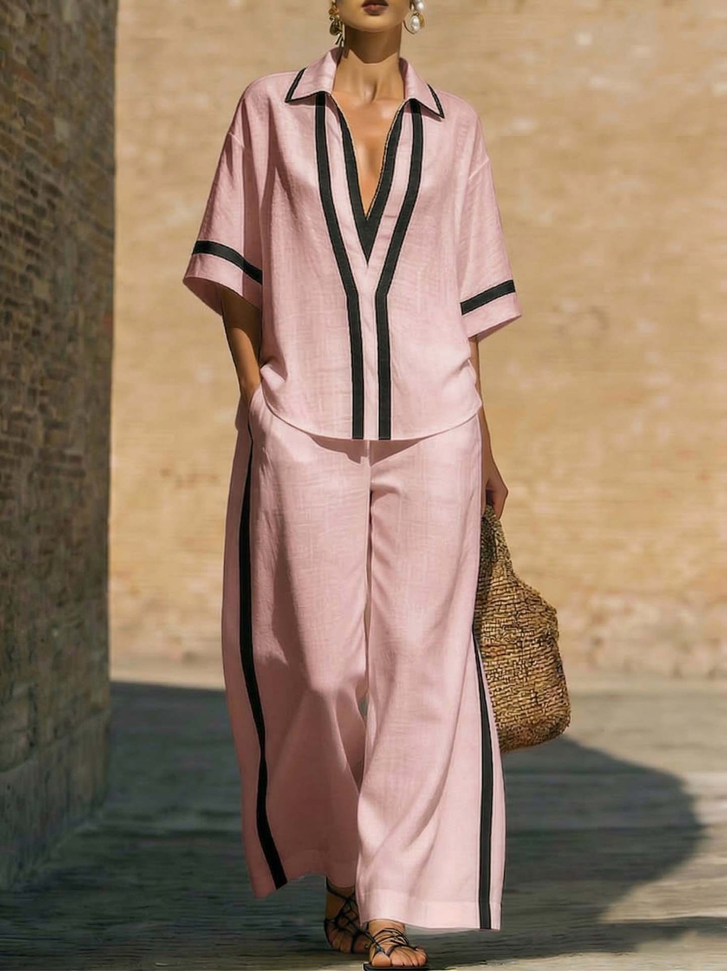 Fashionable Loose Casual Color-Block Short-Sleeve Shirt And Wide-Leg Pants Two-Piece Set 