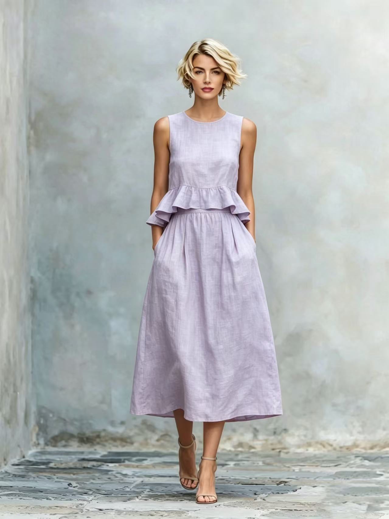 Sleeveless Crew-Neck High-Waisted Ruffle-Trim Resort-Style Dress 