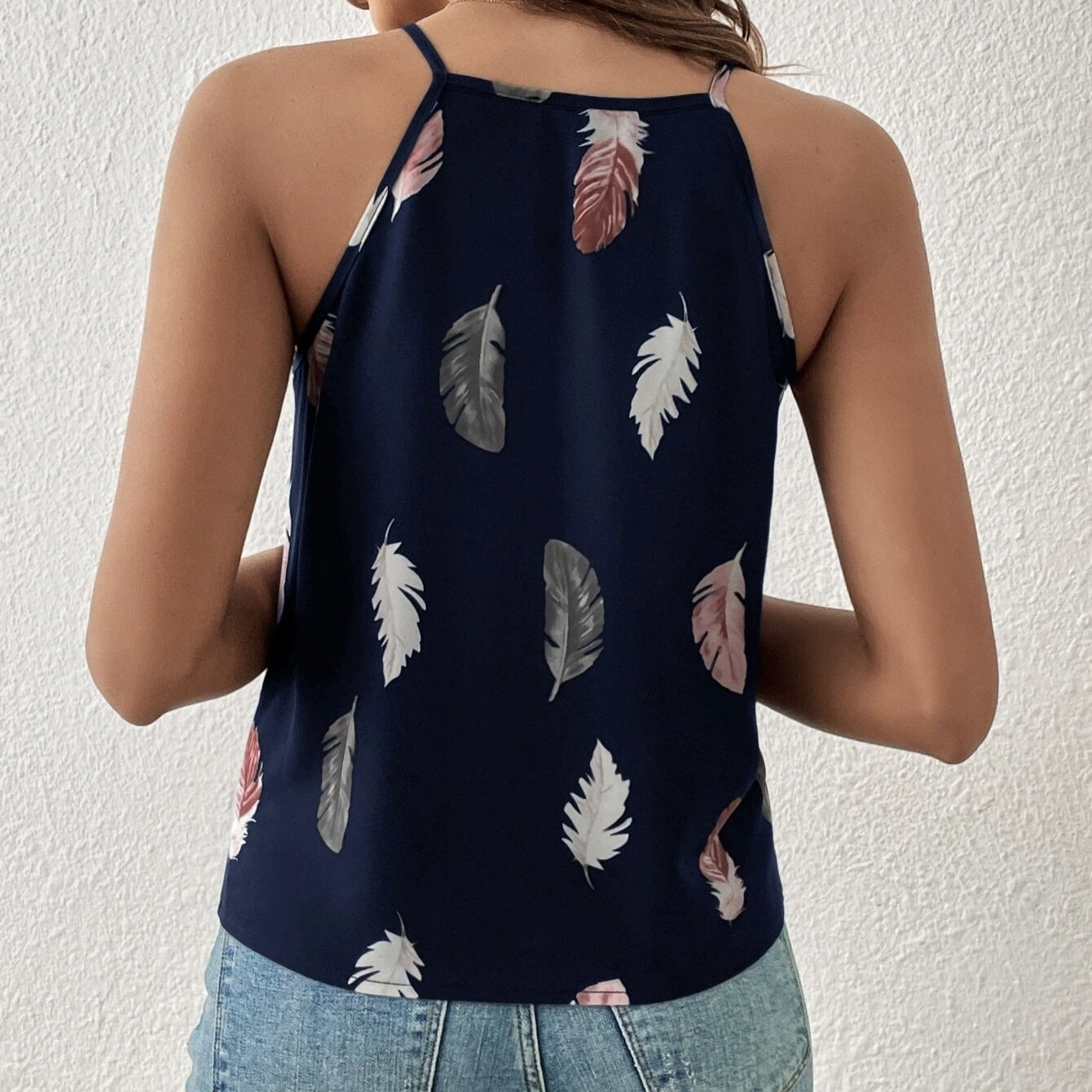 Women's Feather Print Notch V-neck Versatile Camisole Vest CJ US