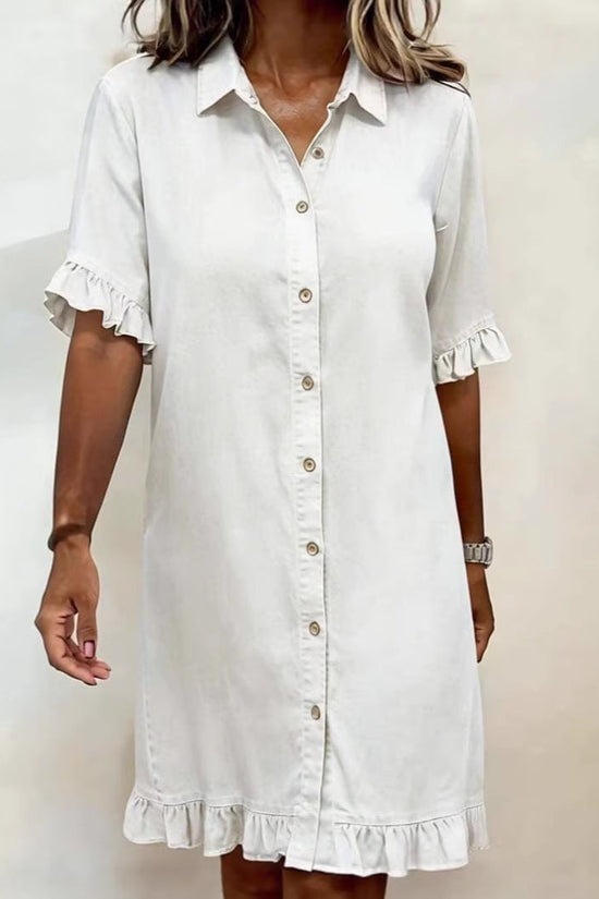 Solid-color Faux Denim Ruffled-edge Shirt Dress 