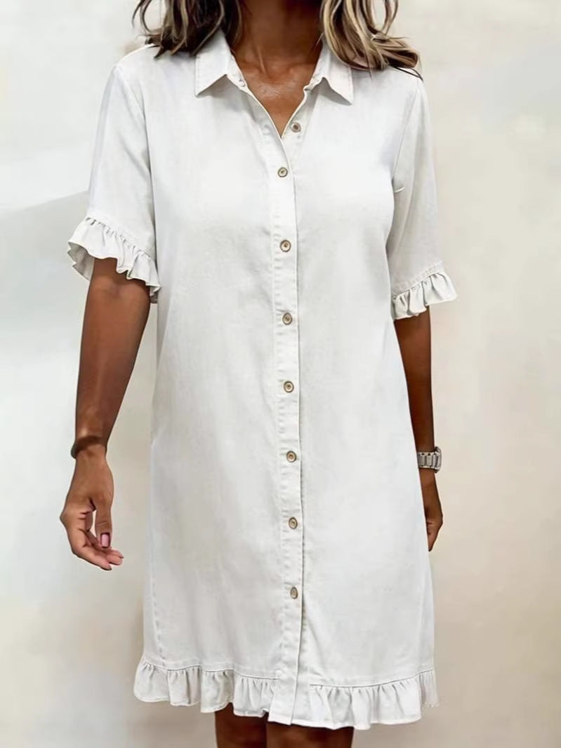 Solid-color Faux Denim Ruffled-edge Shirt Dress 