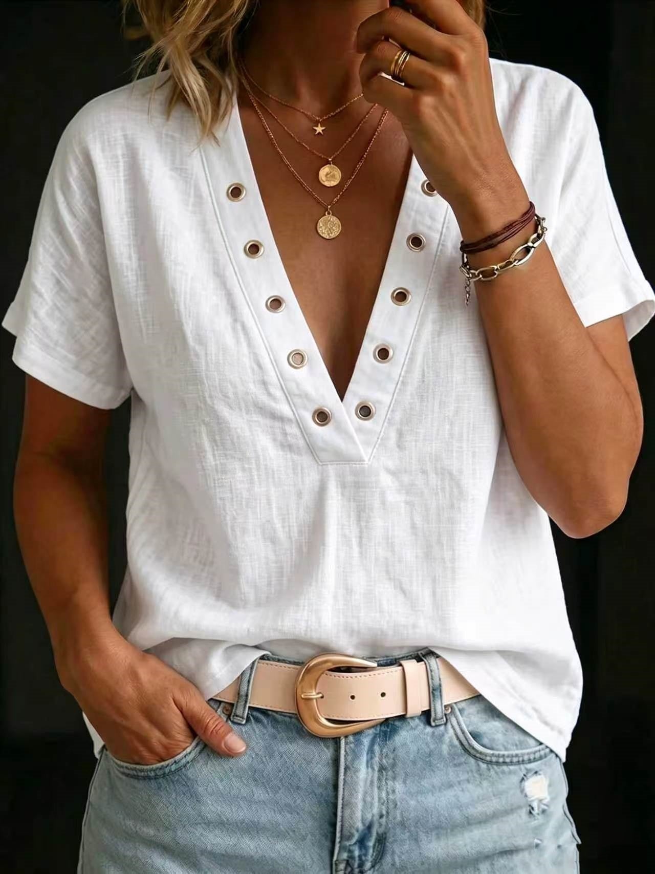 Loose-fitting Casual V-neck Short-sleeve Solid-color Womens Shirt 