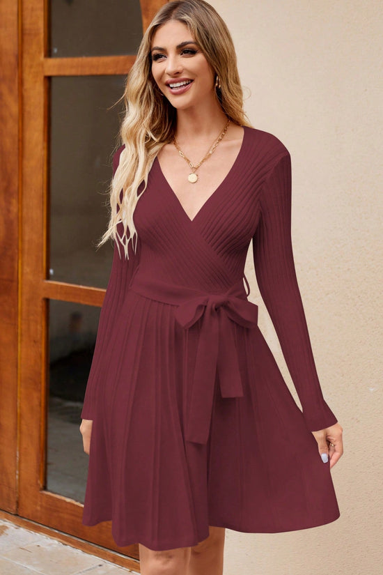 Women's Wrap A-Line Knit Dress Long Sleeve CJ US