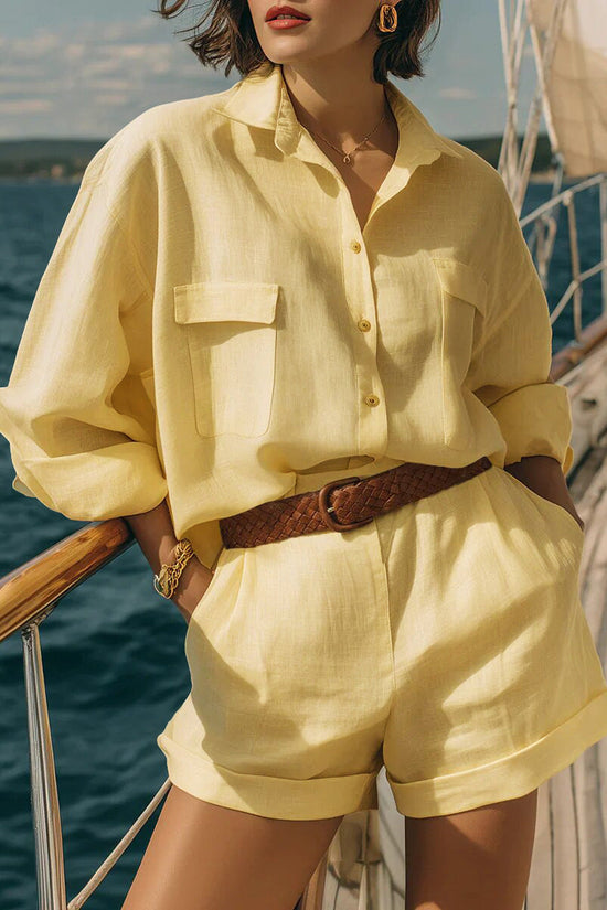 Cotton-linen Loose-fit Button-down Shirt And Shorts Fashion Casual Set 