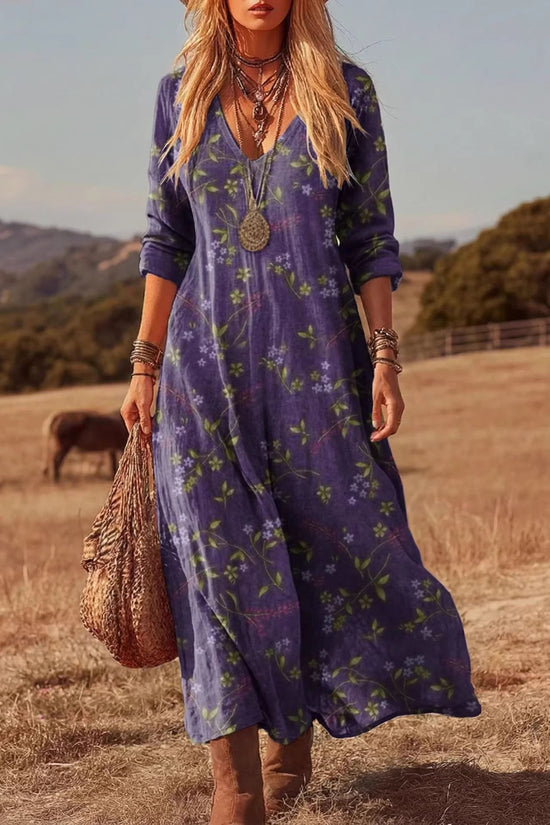 Personalized Retro Chic V-Neck Long-Sleeve Dress 