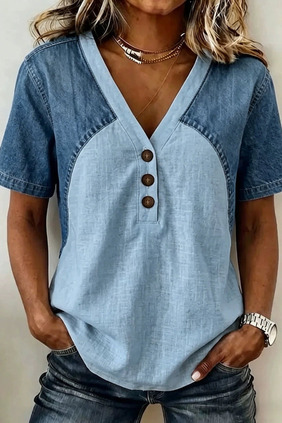 Fashionable Trendy Womens Loose Denim Patchwork T-Shirt 