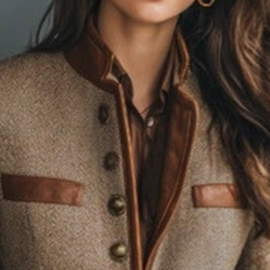 Women's Retro Elegant Jacket, Color-Block Button Front Coat With Stand Collar For Casual And Formal Wear 