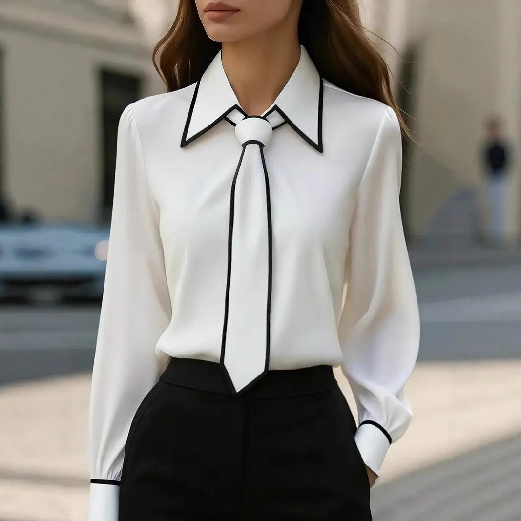 Autumn Fashion Solid Color Commute Tie Design Long Sleeve Shirt Women's Clothing 