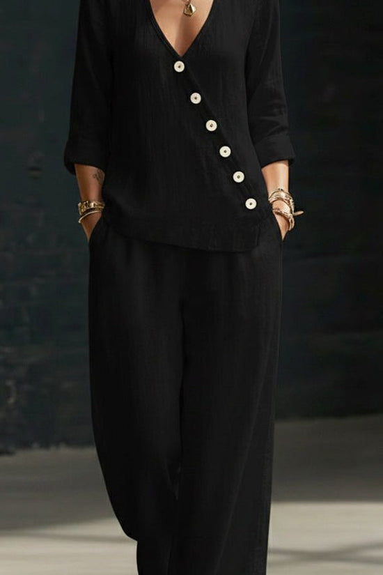 Loose-fitting V-neck Cross-over Shirt And Wide-leg Pants 