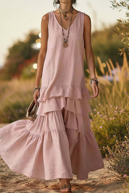Solid-color Womens Loose-fitting Full-skirted Sleeveless Dress 