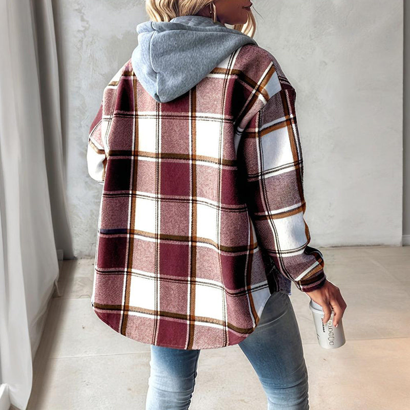 Women's Plaid Hoodie Long Sleeve Jacket Button Drawstring Casual Fall Shirts Shacket With Pocket CJ US