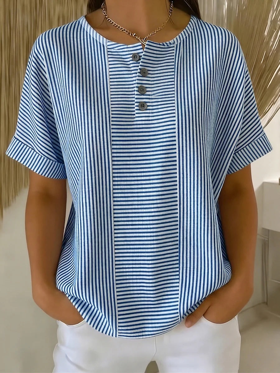 Casual Solid Color V-Neck Buttoned Striped Cotton-Linen T-Shirt 