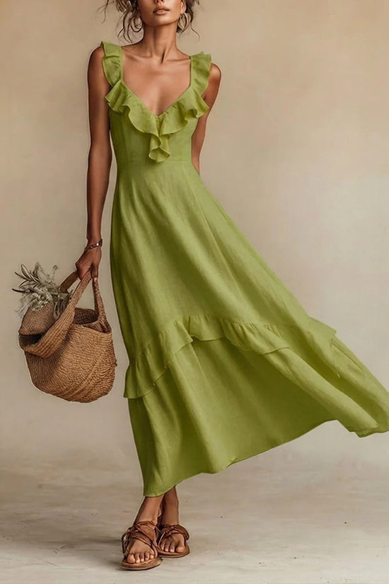 Elegant And Chic Cotton-Linen Dress With Ruffled Flutter Sleeves And A Flowing Hem 