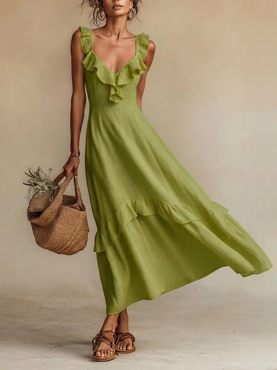 Elegant And Chic Cotton-Linen Dress With Ruffled Flutter Sleeves And A Flowing Hem 