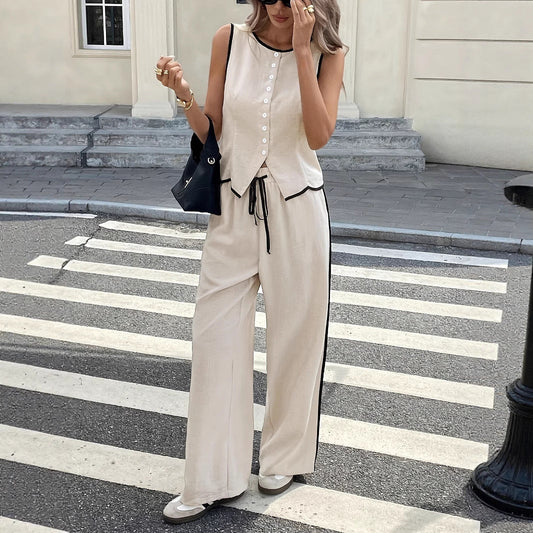 Women's Contrast Color Sleeveless Single-breasted Vest And Drawstring Trousers Suit 