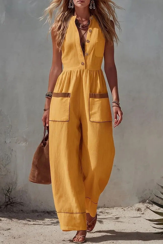 Womens Sleeveless Casual Loose Cotton-Linen Wide-Leg Jumpsuit 