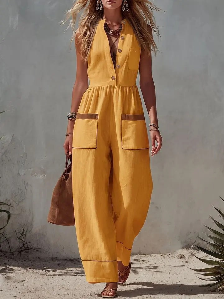 Womens Sleeveless Casual Loose Cotton-Linen Wide-Leg Jumpsuit 