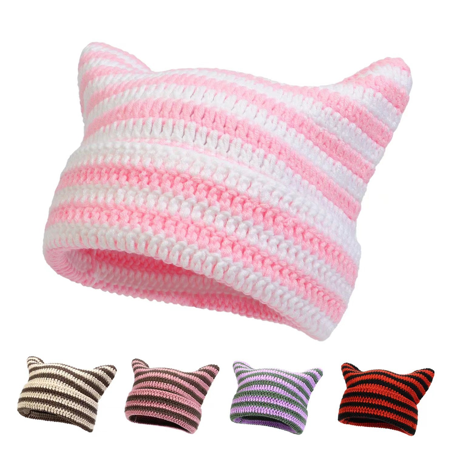 Women’s Hand Knitted Striped Cat Hat – Cute Warm Winter Beanie - FitiqueFit
