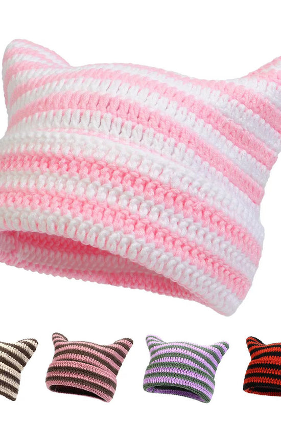 Women’s Hand Knitted Striped Cat Hat – Cute Warm Winter Beanie - FitiqueFit